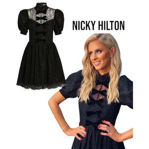 Alice + Olivia Vernita Dress Black Lace Mini ASO Nichole Hilton Sz 4 Bows